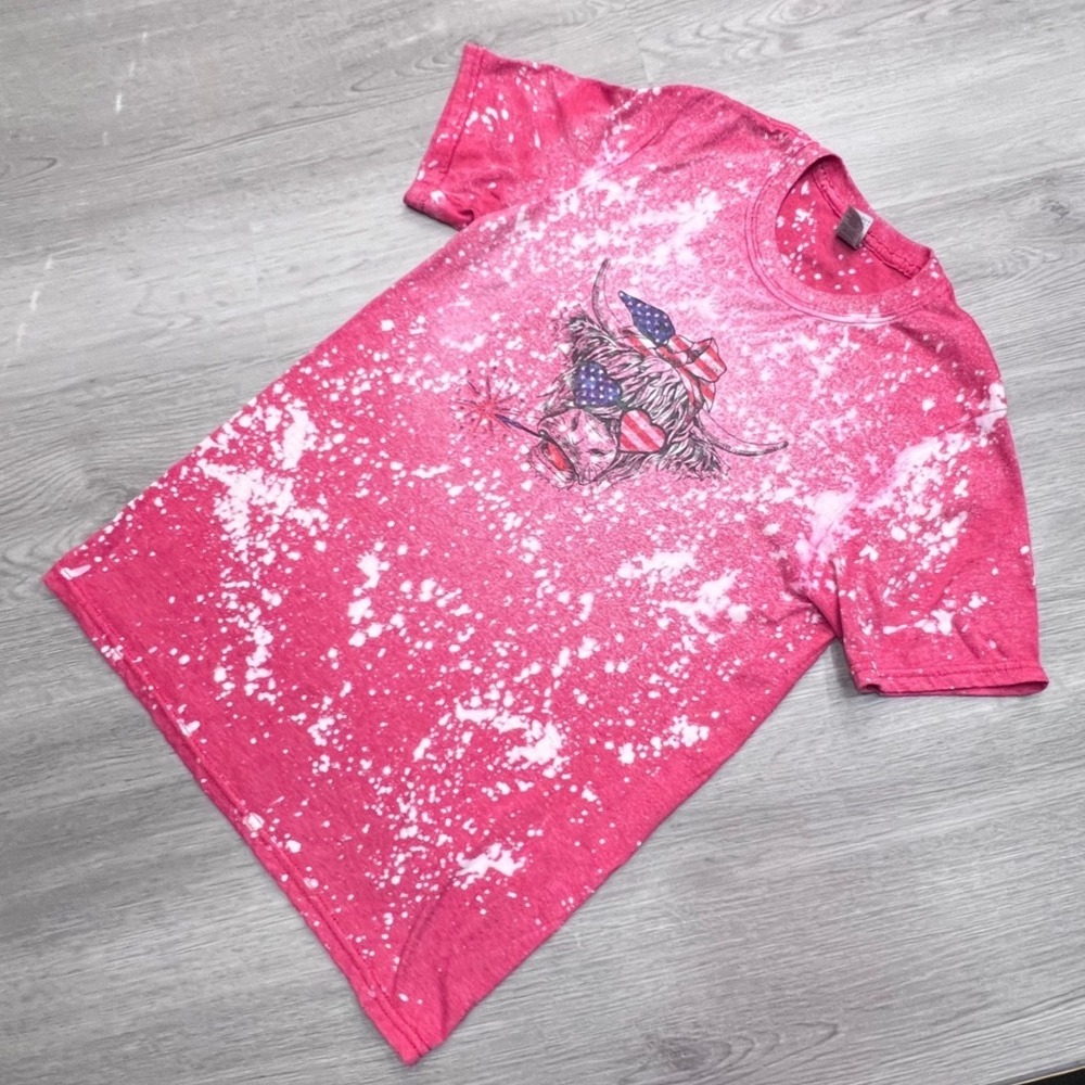 Bleached Highland Cow Patriotic 4th of July Tee Small Gildan Softstyle Pink
